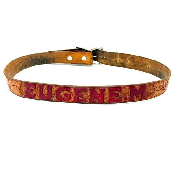 Vintage Western Cowboy Belt 30 Brown Tooled Leather Name Eugene M Hand Painted - Picture 2 of 10